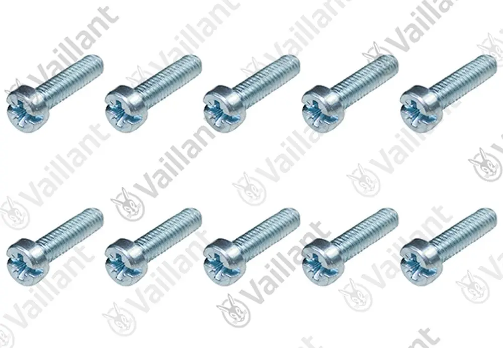 Zehn Schrauben von Vaillant in metallischer Ausführung, mit Schlitz für die Montage. Standardisierte Bauform für verschiedene Anwendungen.